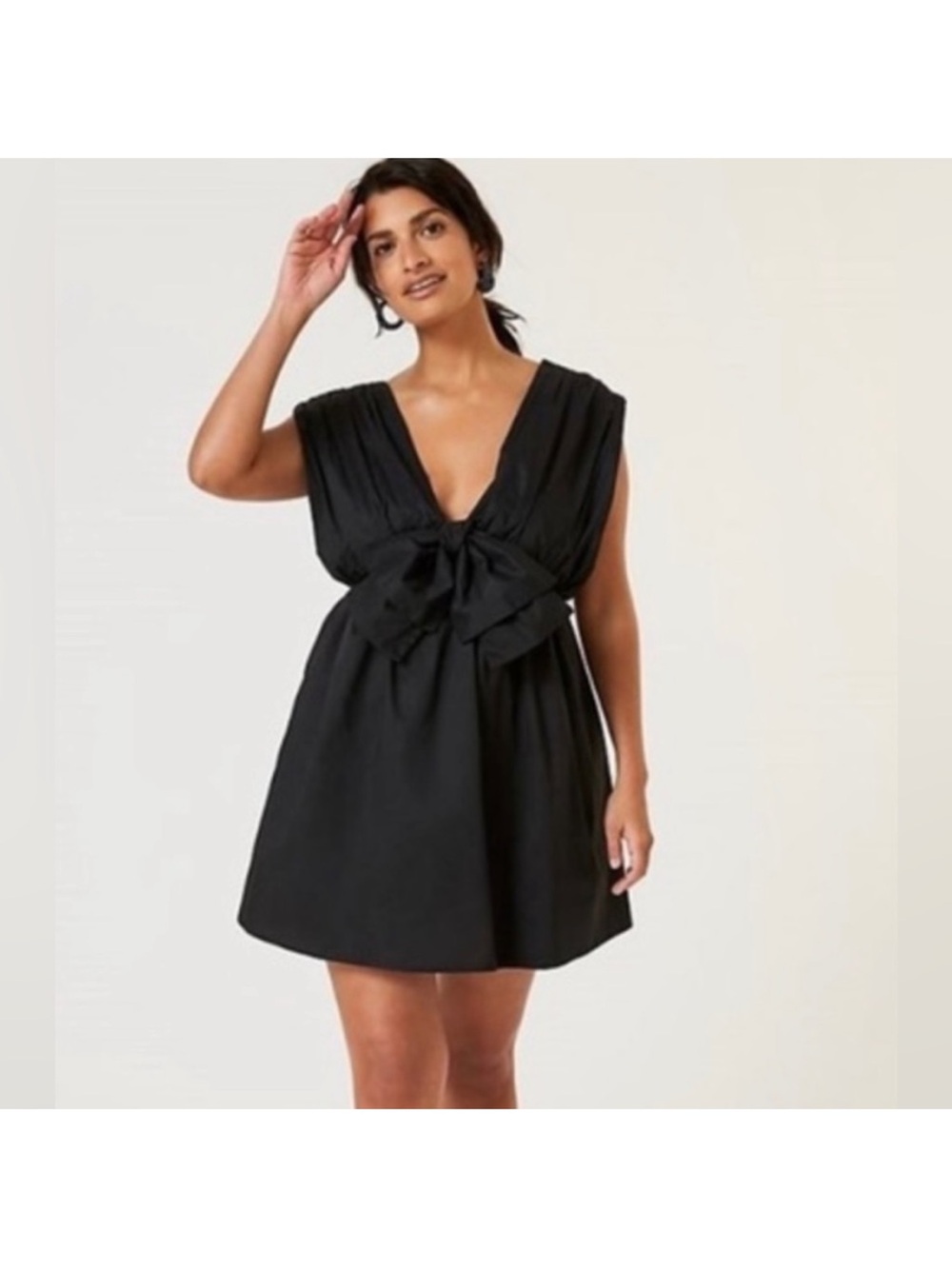 New Anthropologie Blue Tassel dress black mini bow lined plunging vneck